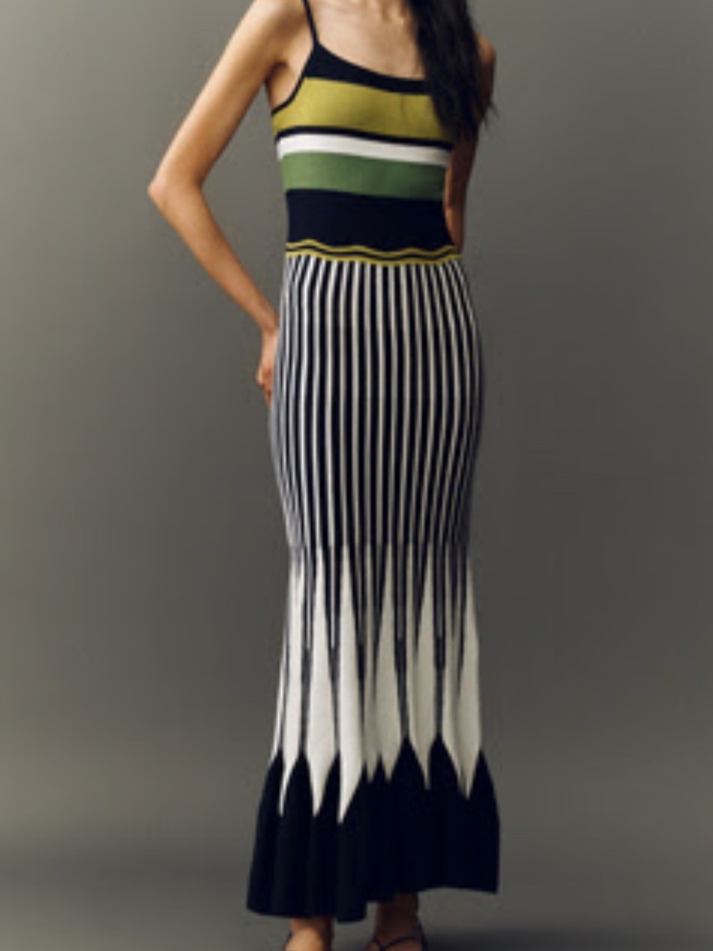 Maeve Striped Maxi Dress in Black, White, Olive & Yellow